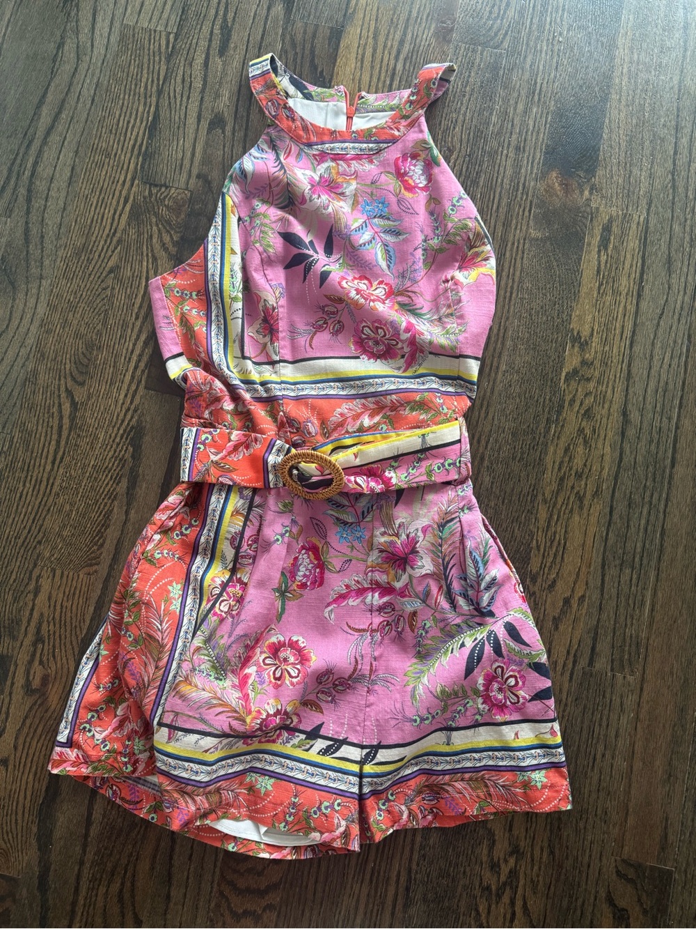 Lavender Brown Pink & Orange Floral Belted Romper